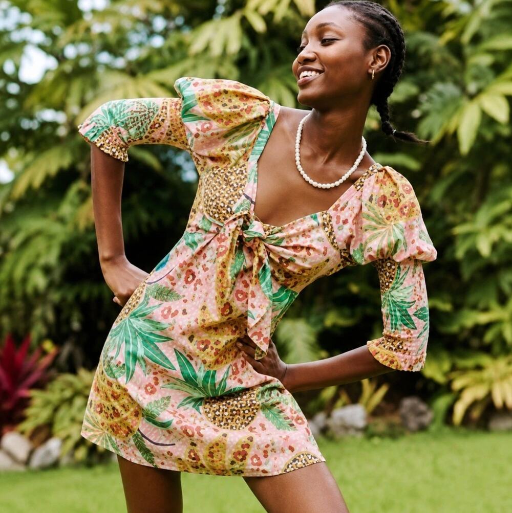 Farm Rio Fruit Print Mini Dress Small Pink Linen Blend Smocked Sleeve Tie Front